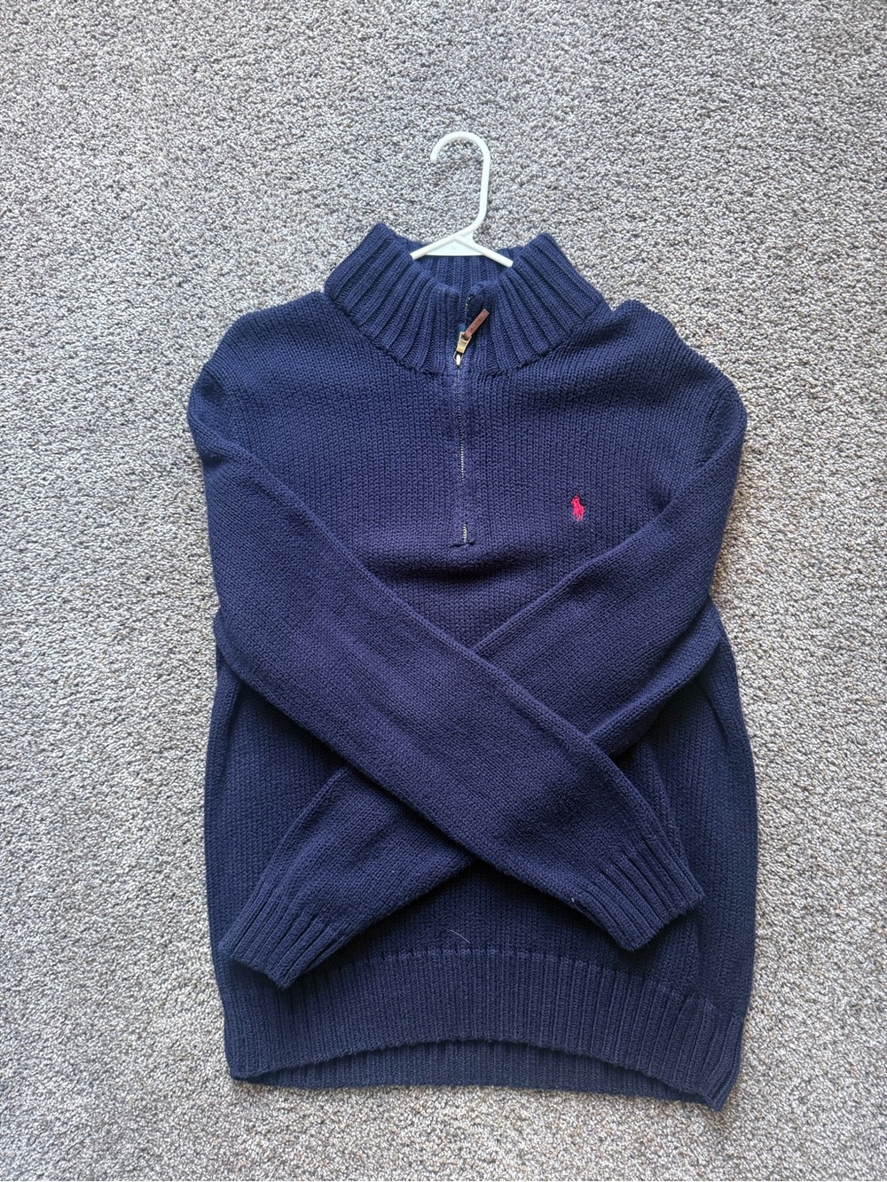 Ralph Lauren Navy Half-Zip Wool-Blend Sweater with Pink Pony